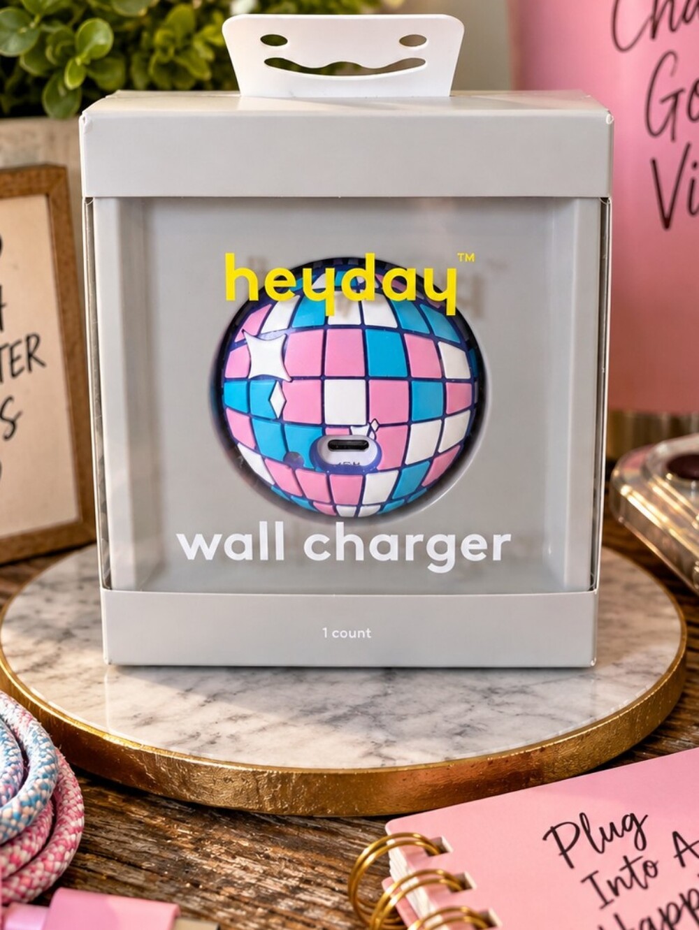 Heyday Disco Ball USB-C 15W Wall Charger Pink Blue Sparkle